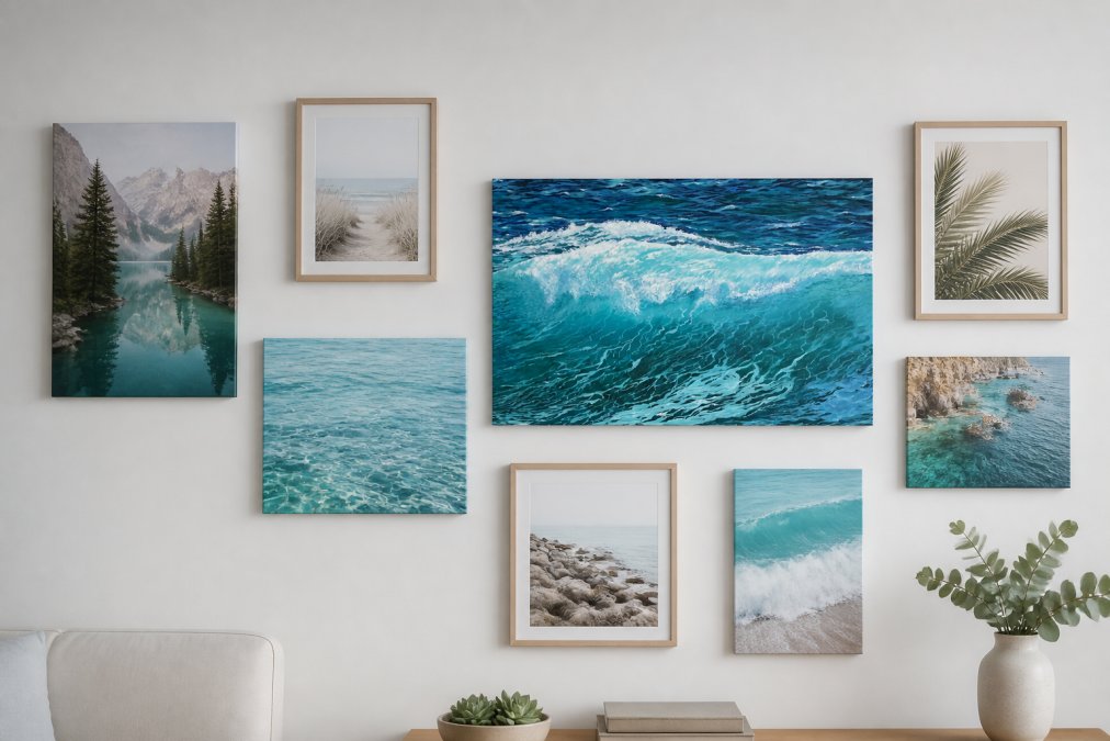 Gallery wall arrangement with multiple nature-themed canvas prints of varying sizes showing proper spacing and balance, some framed and some unframed, against a clean white wall with soft natural lighting