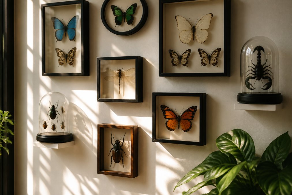 A carefully arranged gallery wall featuring framed and domed preserved butterflies and insects displayed at varying heights on a neutral-coloured wall, with natural light streaming across the specimens