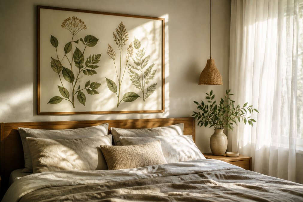 A cozy bedroom with a bed dressed in neutral linen bedding, a large framed botanical print hanging above the wooden headboard, soft morning light filtering through sheer curtains and casting gentle shadows