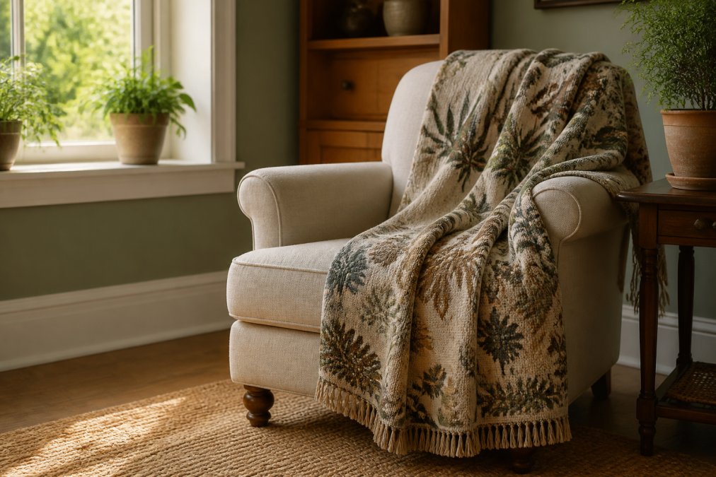 A styled living room scene featuring a cotton woven throw blanket with a botanical pattern draped over an armchair, with soft natural light coming from a nearby window