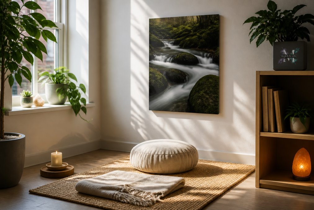 A serene meditation corner in a small modern apartment with fine-art nature photography on the wall, soft natural light filtering through a window, a meditation cushion on a simple mat, and subtle green plants creating a grounded, intentional atmosphere