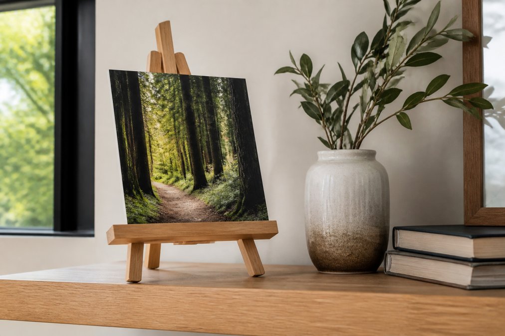 Small unframed nature photography without frames on a wooden easel displayed on an oak shelf with books and a vase.