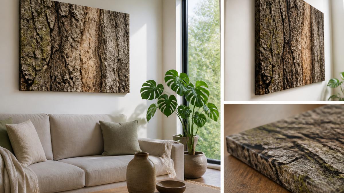 A bright apartment living room with a large frameless canvas print of tree bark texture hanging above a neutral linen sofa, natural light from a tall window, a potted monstera and a ceramic vase nearby