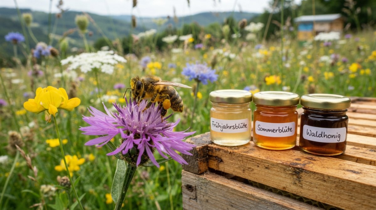 Nahaufnahme von Bienen, die Pollen von wilden Blüten in einer sonnigen Bergwiese sammeln, mit verschiedenfarbigen Blüten und Bienen mit gefüllten Pollenhöschen