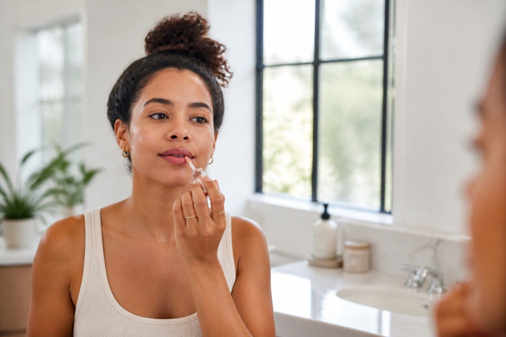 A woman in a bright, modern bathroom holding a clear lip gloss tube up to her lips, natural daylight streaming through the window, soft focus background with minimal skincare products on the counter