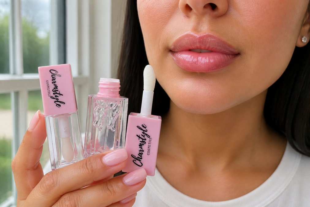 Close-up of a woman's lips wearing a glossy, hydrating lip product with a natural shine and smooth, non-sticky finish, photographed in natural daylight near a window