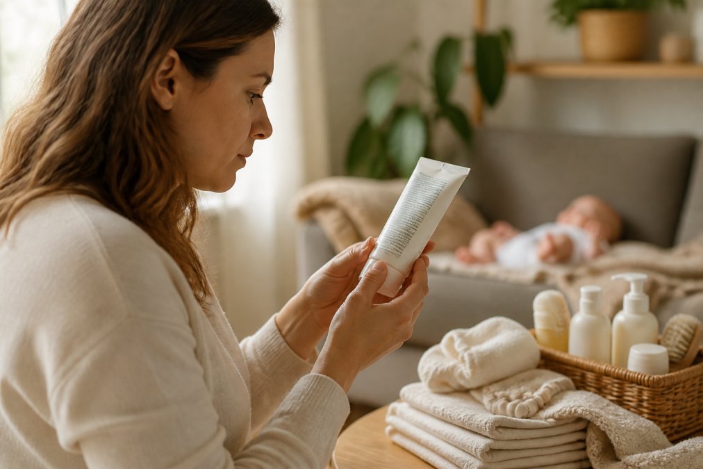 Mutter prüft die Inhaltsstoffe einer Naturkosmetik Baby Creme im hellen Wohnzimmer