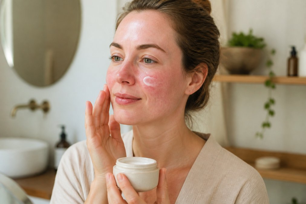 Frau trägt sanfte Naturkosmetik bei Rötungen im Gesicht in einem hellen Badezimmer auf ihre sensible Haut auf.