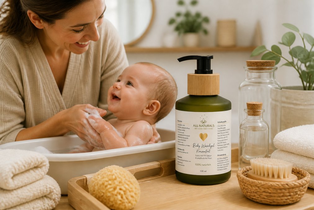 Liebevolle Szene einer Mutter, die ihr Baby nach dem Baden sanft mit natürlichem Waschgel wäscht, umgeben von minimalistischen Glasflaschen und weichen Handtüchern auf einem hellen Badezimmertablett