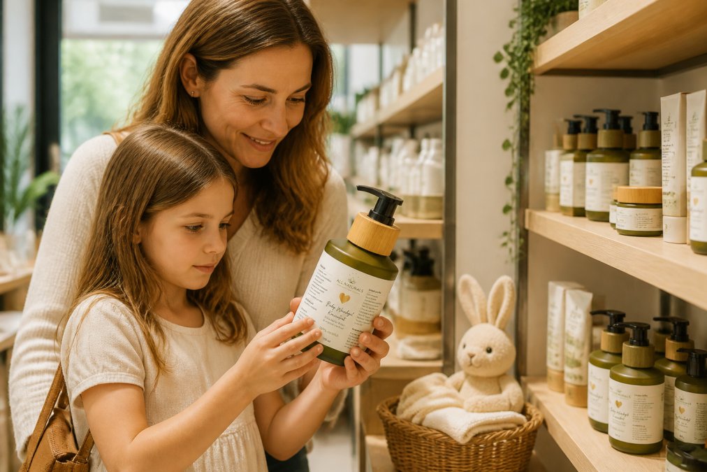 Familie beim gemeinsamen Einkaufen von Naturkosmetik: Mutter und Kind lesen sorgfältig Produktlabels und Zertifizierungen, mit nachhaltigen Glasflaschen und minimalistischen Verpackungen im Hintergrund
