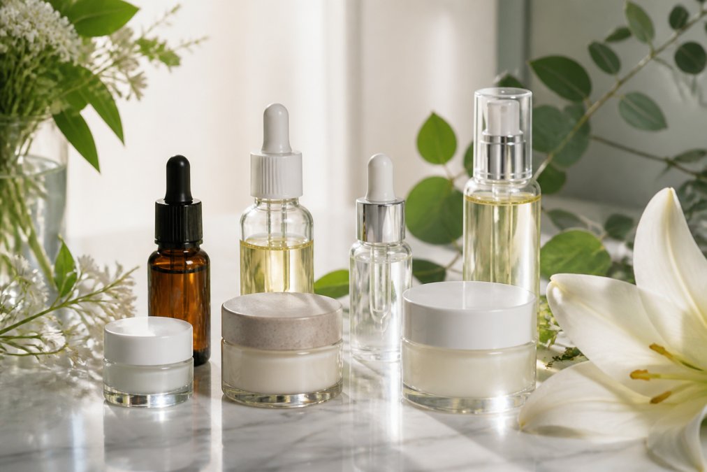 Eine elegante Anordnung von Naturkosmetik-Produkten wie Serumflaschen und Cremetiegel auf einem Marmortisch mit frischen Blüten und grünen Blättern, weiches Tageslicht