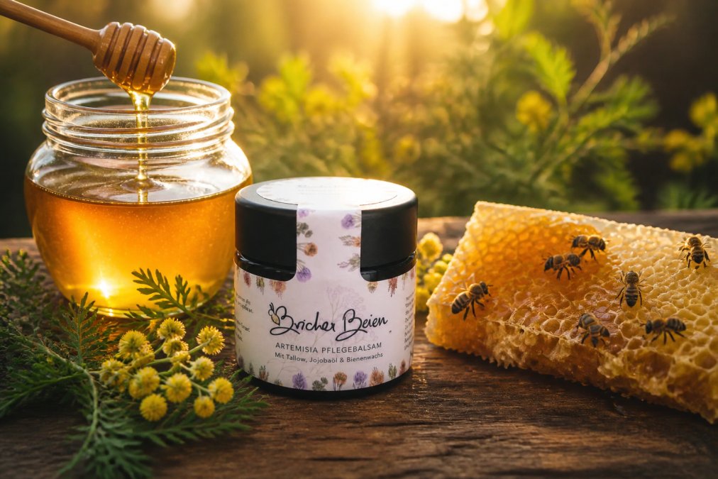 Glas mit flüssigem, goldenem Honig, daneben eine Bienenwabe mit Bienen, auf hölzernem Untergrund, warmes Sonnenlicht von oben
