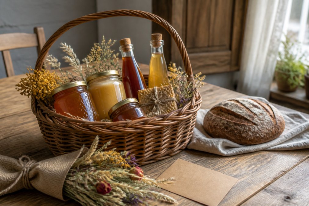 Ein rustikaler Holztisch mit arrangiertem Präsentkorb aus Honiggläsern und Oxymel-Fläschchen, daneben frisches Bauernbrot, getrocknete Blumen und eine handgeschriebene Karte, weiches Nachmittagslicht