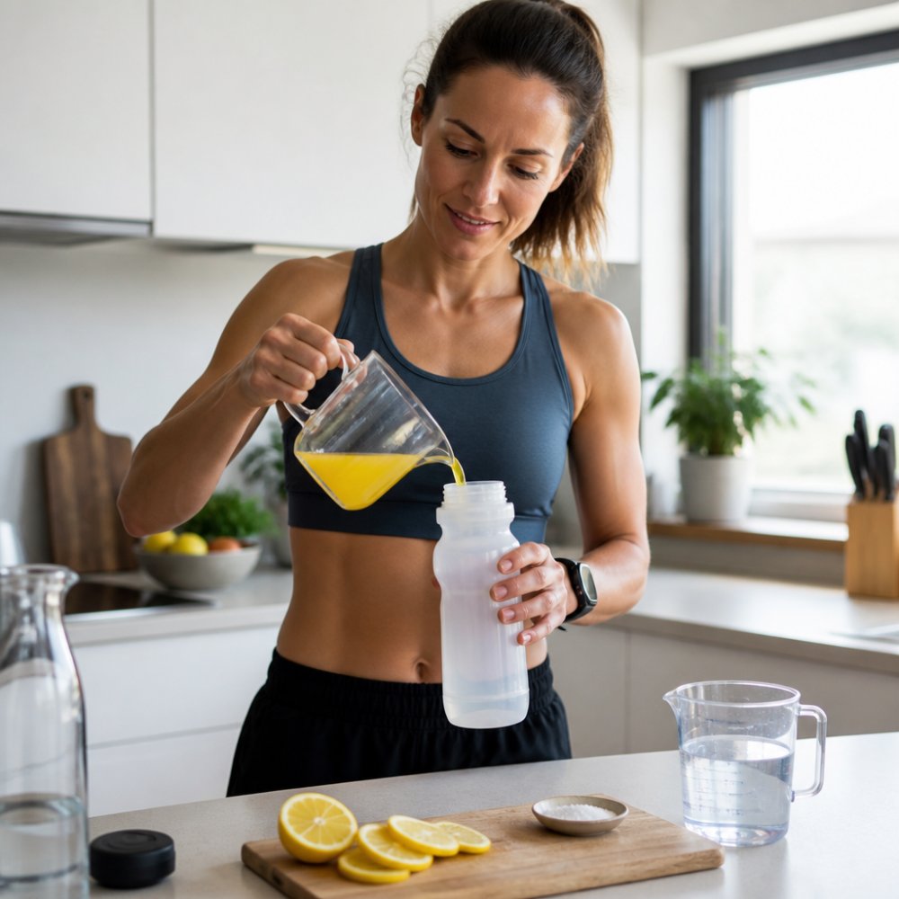 Langstreckenläuferin in Laufkleidung füllt an einer hellen Küchenarbeitsplatte eine Trinkflasche mit selbstgemischtem Sportgetränk aus Wasser, Fruchtsaft und einer Prise Salz, daneben stehen Zitronenscheiben und ein Messbecher