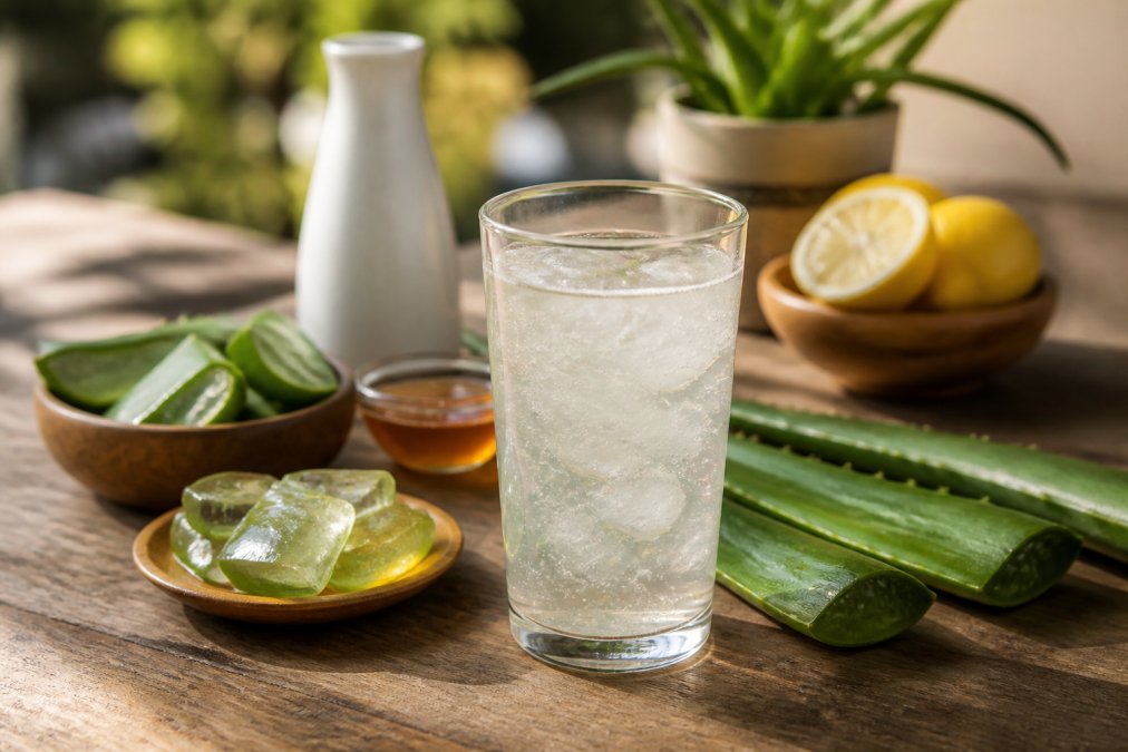 Klart glas med gennemsigtig aloe vera gel-drik omgivet af friske aloe vera-blade og naturlige ingredienser på træbord med varmt naturligt lys