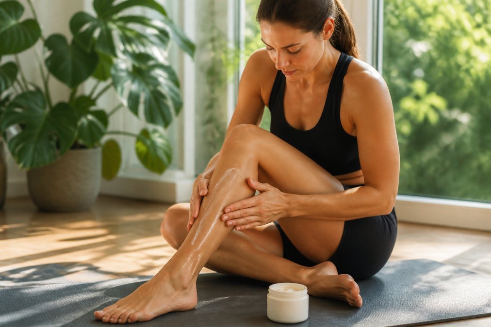 Aktiv person siddende på en yogamåtte efter træning, der påfører en naturlig creme på sin lægmuskel med en grøn plante og naturligt lys i baggrunden