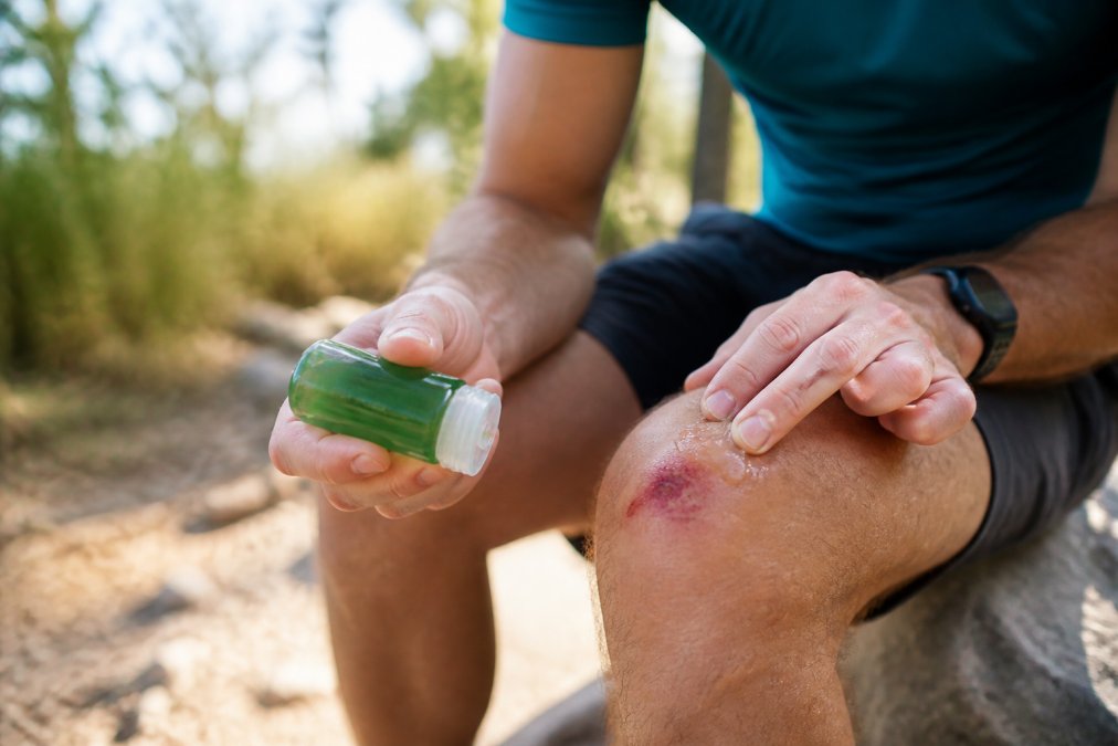 Nærbillede af hænder, der forsigtigt påfører en klar Aloe Vera-gel på en mindre hudafskrabning på en løbers knæ, udendørs på en solrig dag