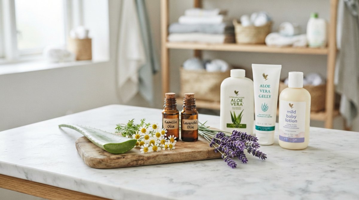 Naturlige ingredienser som aloe vera-blad, kamille-blomster, lavendel-stilke og små glasflasker med planteolier arrangeret på hvid marmor med børnepleje-produkter i baggrunden