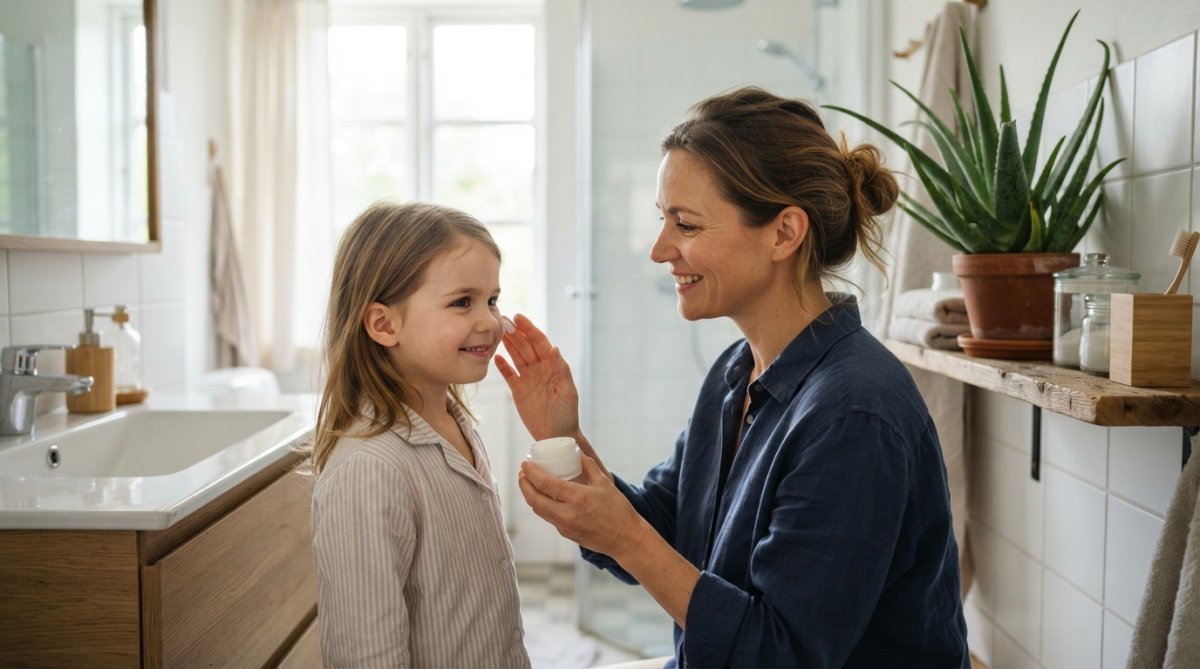 En mor og et barn i et lyst badeværelse om morgenen. Moderen smører forsigtigt creme på barnets kind, mens en aloe vera-plante står på hylden bag dem. Naturligt morgenlys falder ind gennem vinduet, og stemningen er rolig og tryg.