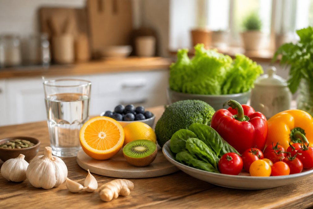 A wooden kitchen table with fresh vegetables, citrus fruits, garlic, and a glass of water in natural daylight, evoking everyday healthy eating