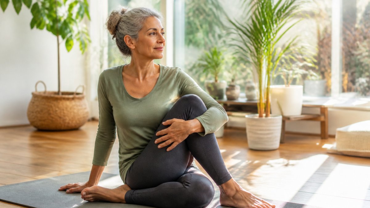 Woman in her 50s practicing gentle yoga stretching in a bright, sunlit home environment with natural light streaming through large windows, plants visible in the background