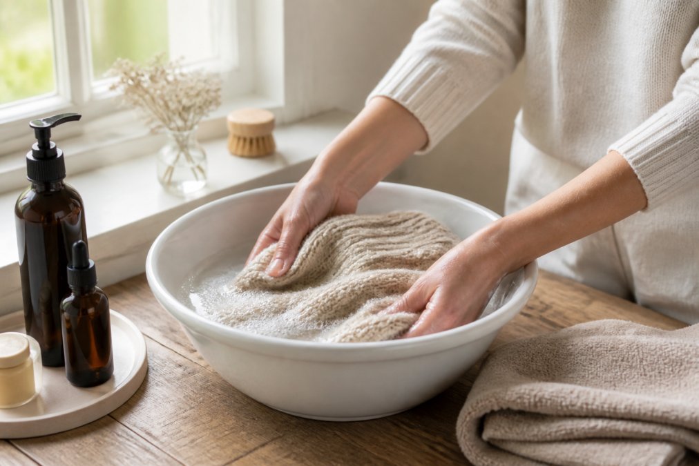 Hände, die einen Wollpullover sanft in einer Schüssel mit kühlem Wasser und milder Seife wäschen, natürliches Tageslicht fällt durch ein Fenster, neben der Schüssel liegen ein weiches Handtuch und Pflegemittel