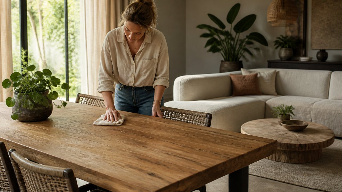 Een lichte woonkamer met een robuuste houten eettafel en een organische bank van natuurlijke materialen, waar een persoon met een zachte doek het hout afstoft. Warm daglicht valt naar binnen, planten op de achtergrond, rustige en natuurlijke sfeer.