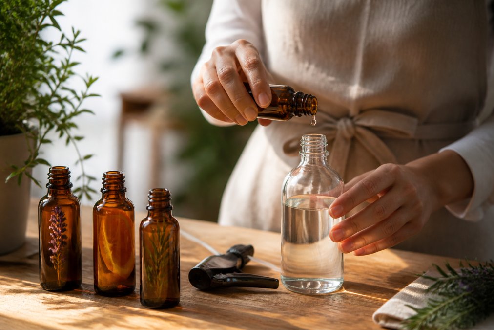 Close-up van iemand die etherische oliën voorzichtig in een glazen fles met sprayer mengt, met flessen lavendel-, citrus- en rozemarijnolie op het werkblad, natuurlijk daglicht