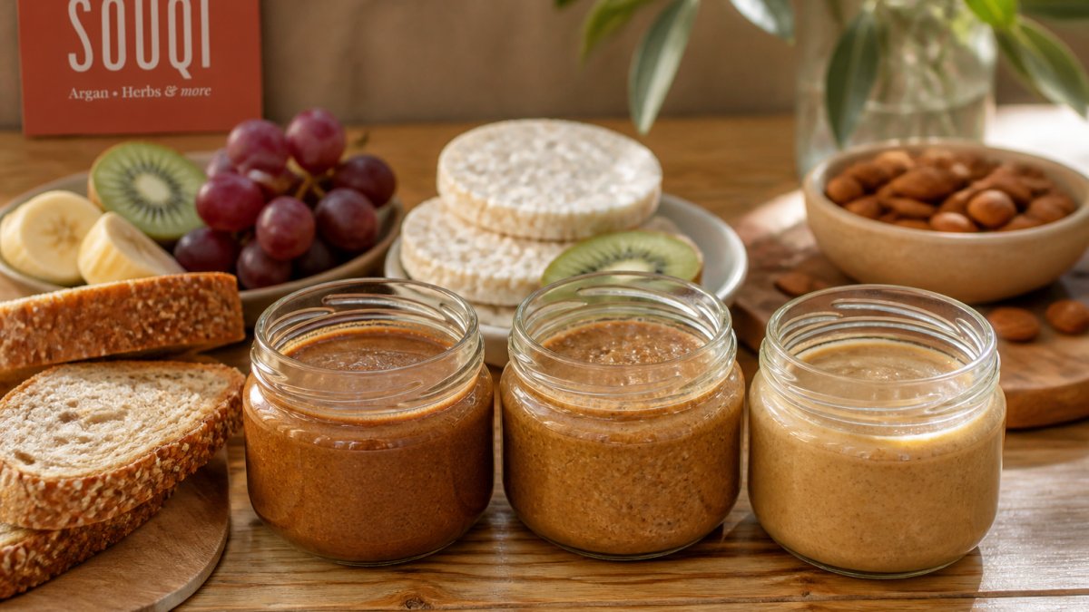 Close-up van drie open potjes ambachtelijke amandelpasta naast elkaar op een warme houten tafel met vers brood, rijstwafels en vers fruit in natuurlijk daglicht