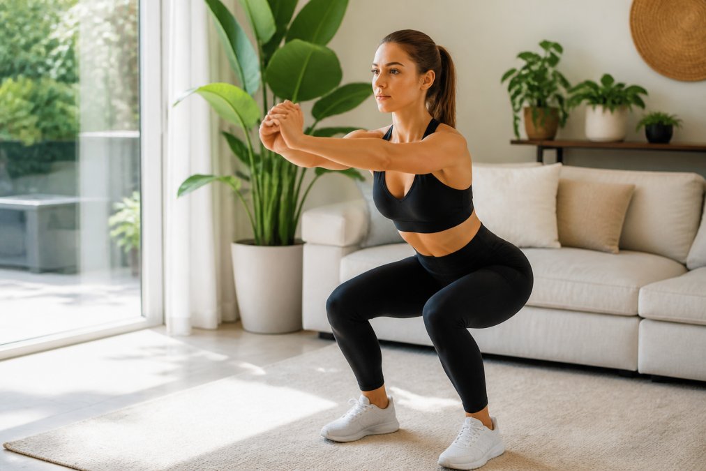 Vrouw in sportkleding voert een squat uit als natuurlijke behandeling cellulite in een moderne, lichte woonkamer.