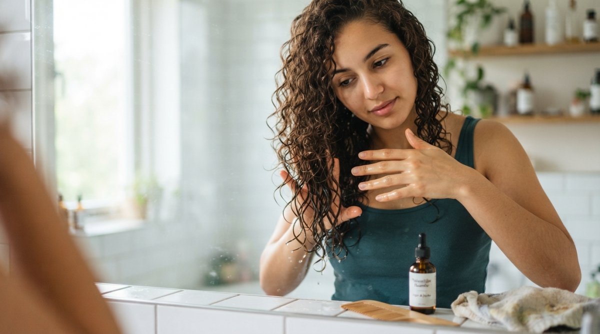 Vrouw met krullend haar die voorzichtig natuurlijke haarolie aanbrengt op natte krullen, met nadruk op hoe zij haar vingers door de haarlengtes beweegt en de olie gelijkmatig verdeelt