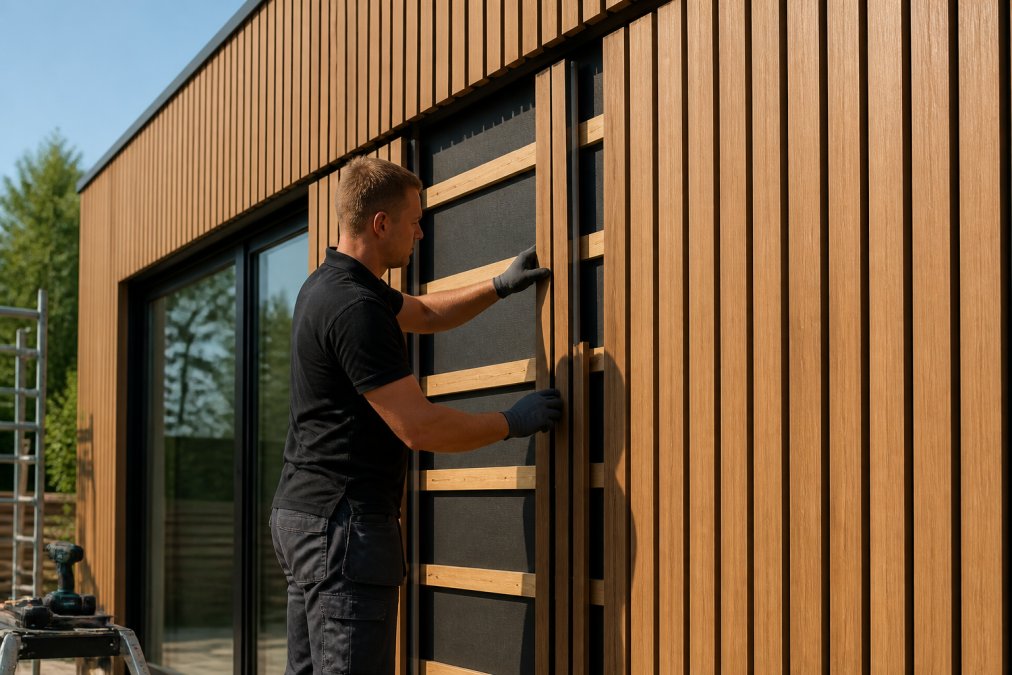 Professioneel bezig met het plaatsen van natuurlijke houtlook composiet panelen op een moderne gevel, zonlicht dat de textuur en warme eiken kleur benadrukt