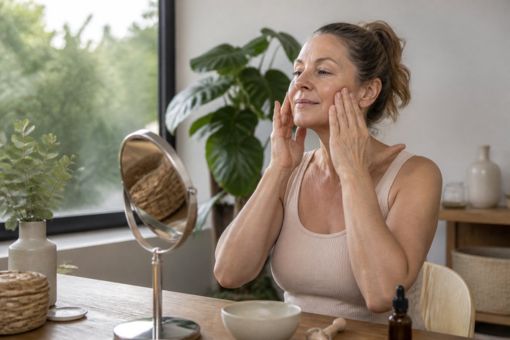 Vrouw die natuurlijke huidverstrakking thuis toepast via een gezichtsmassage bij daglicht