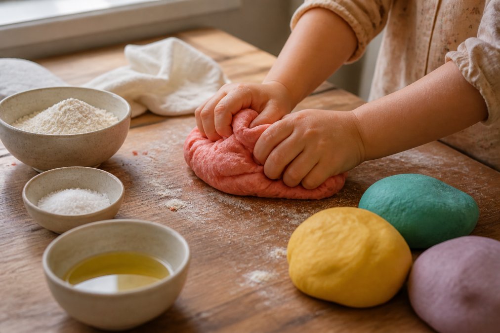 Close-up of a child's hands kneading soft, colorful homemade clay on a wooden kitchen table, with small bowls of flour, salt and oil visible nearby, warm natural light streaming from a window