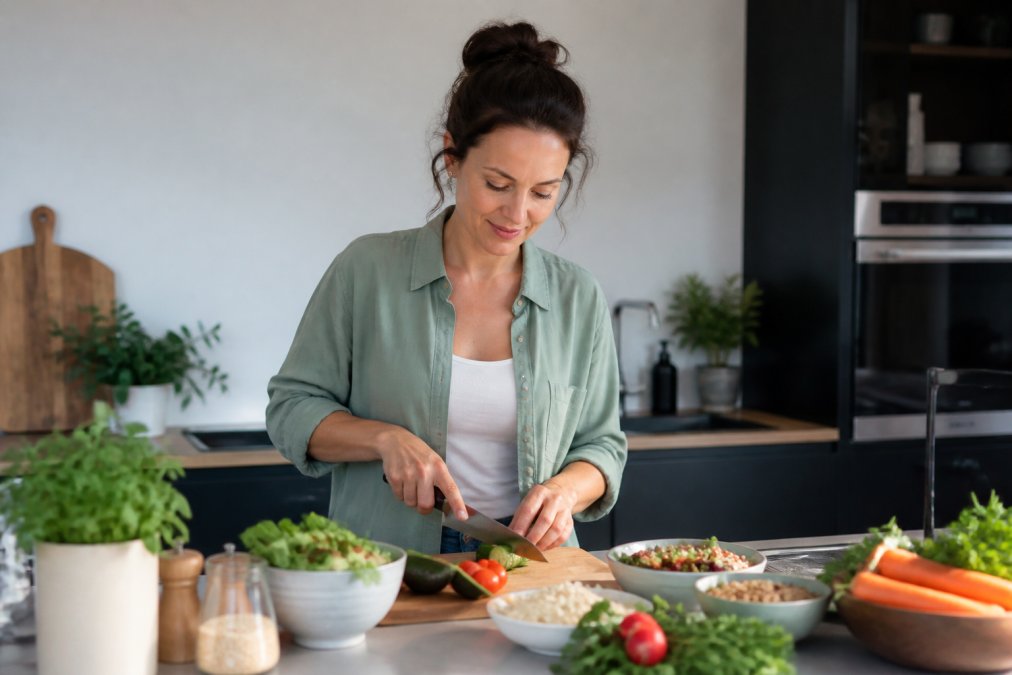 Vrouw bereidt gezonde maaltijd met verse groenten voor natuurlijke lichaamscontouring in een moderne keuken