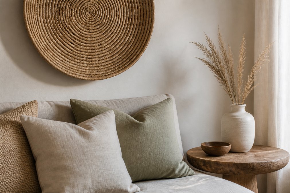 Rotan wanddecoratie, linnen kussens en een houten tafel combineren natuurlijke materialen in een rustige woonkamer.