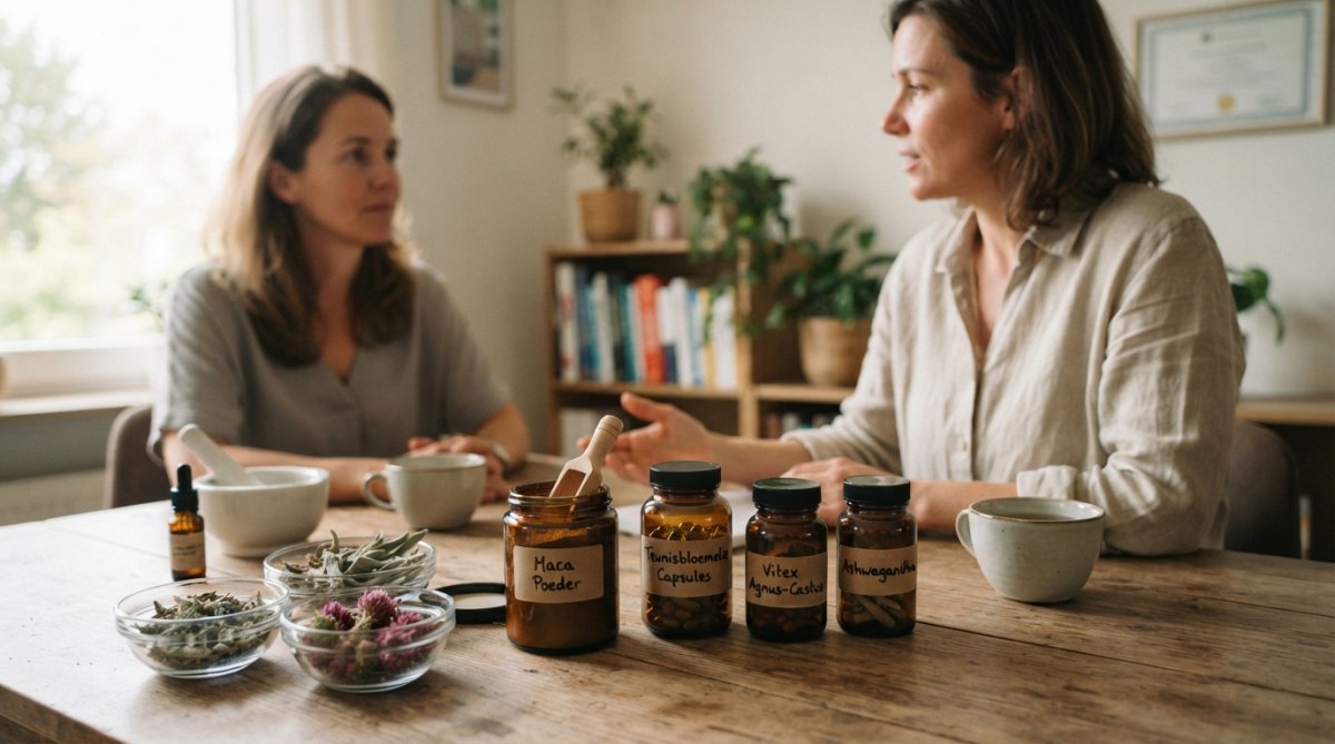 Maca, teunisbloemolie en kruiden als natuurlijke ondersteuning bij hormonale klachten op een houten ondergrond met bladeren.