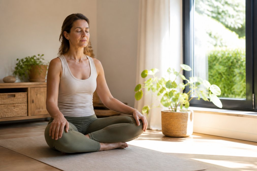 Vrouw die ontspanningsoefeningen doet als natuurlijke remedies stress in een rustige kamer met daglicht.