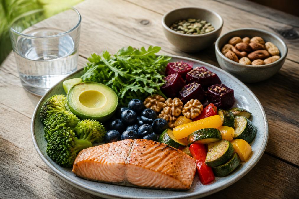 Kleurrijke groenten, vette vis en noten op tafel als natuurlijke remedies tegen cellulitis dijen.