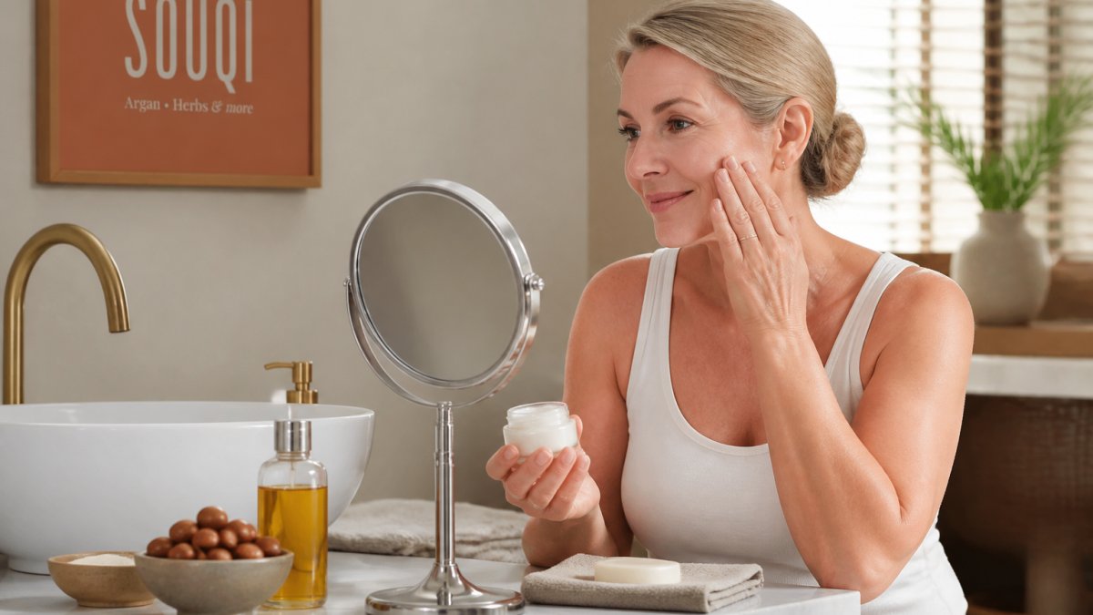Vrouw van boven de veertig brengt met natuurlijk licht dagcrème aan voor haar ochtendroutine bij de spiegel.