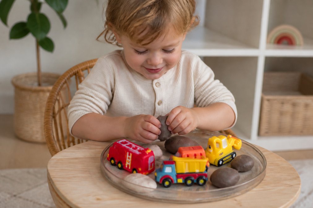 Peuter van twee jaar speelt geconcentreerd met natuurlijke speelklei kopen voor sensorische ontwikkeling aan een tafel.