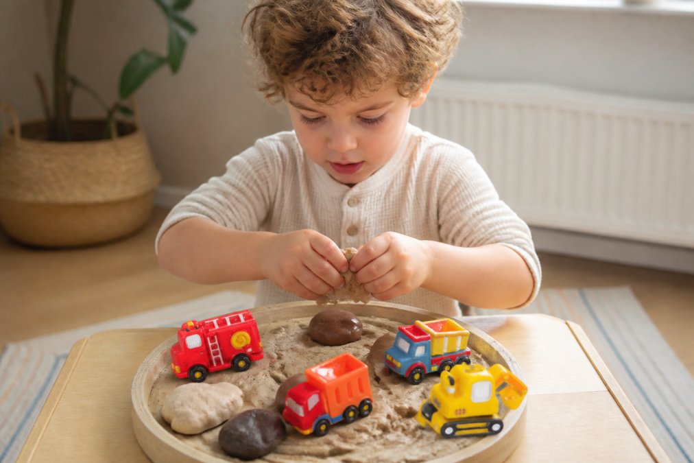 Peuter van twee jaar speelt geconcentreerd met natuurlijke speelklei kopen voor een creatieve ontwikkeling aan een tafel.