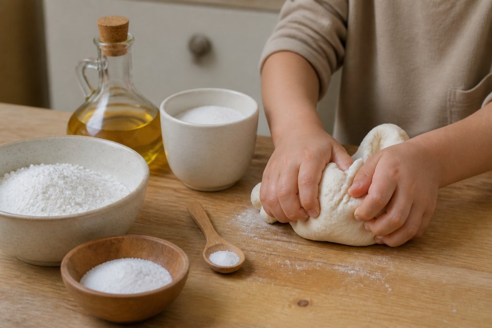Handen van een kind die zachte natuurlijke speelklei kneden op een houten werkblad, met ingrediënten zoals aardappelzetmeel, zout en een fles plantaardige olie zichtbaar naast elkaar in warme huiselijke verlichting