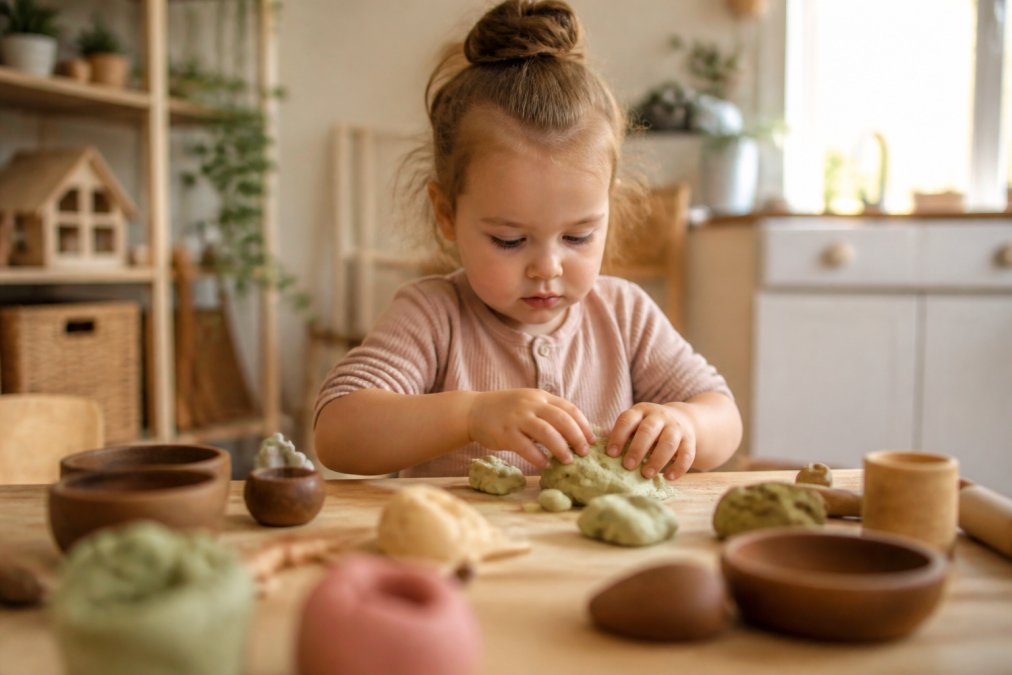 Peuter met volle concentratie die zachte natuurlijke speelklei vormt met beide handen, gezichtsuitdrukking van focus en plezier, warme huiselijke keuken op de achtergrond met speelgoed en zonlicht