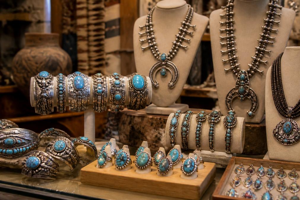 Display of handcrafted Navajo and Zuni jewelry pieces arranged in a boutique retail setting, showcasing turquoise cuffs, squash blossom necklaces, and inlay rings on elegant stands