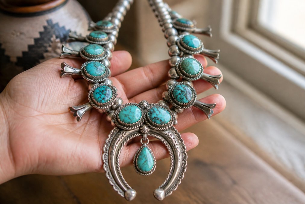 Close-up of a hand holding a vintage Navajo squash blossom necklace, showing turquoise cabochons and a sterling silver naja pendant in warm natural window light