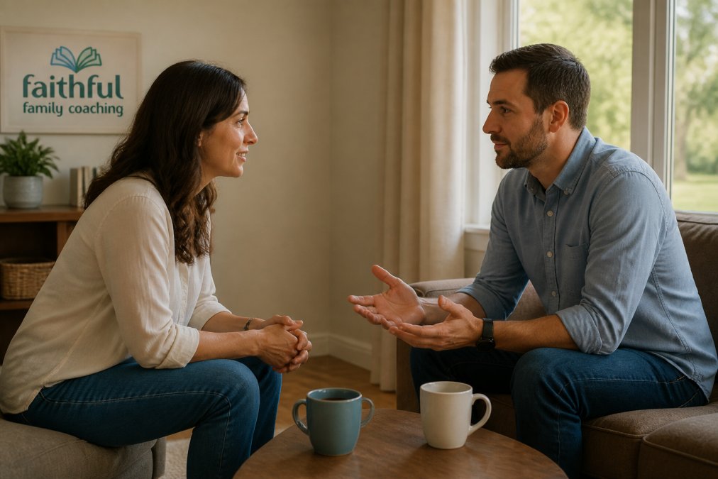 A Christian couple sitting face-to-face in a living room, practicing vulnerable communication to navigate emotional triggers