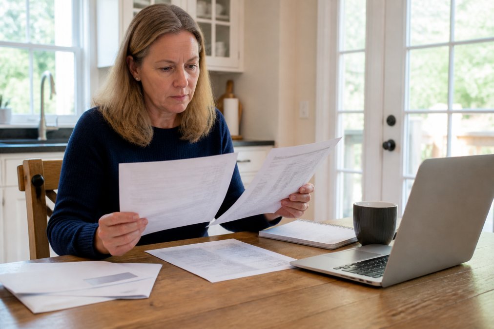 Homeowner sitting at kitchen table with insurance documents, renewal notice, and laptop, reviewing paperwork with focused expression under warm natural lighting