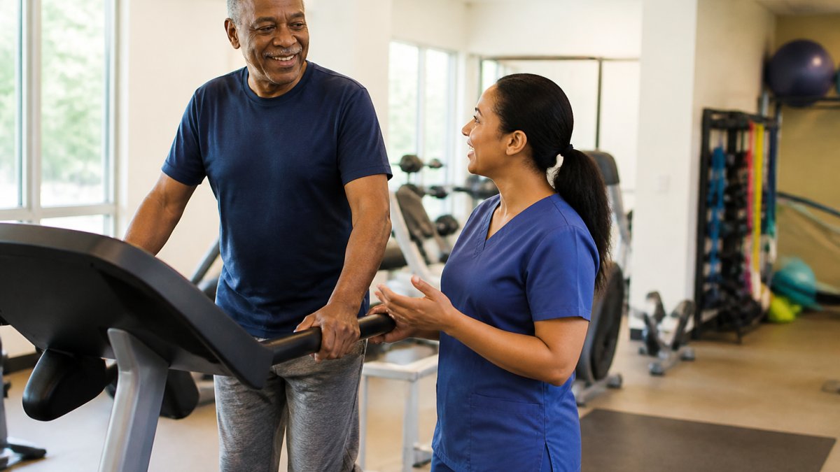 A cardiac rehabilitation session in a bright clinic, with a patient walking on a treadmill while a nurse monitors vitals and offers encouragement