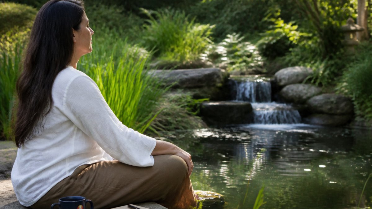 Navigate Spiritual Growth Challenges: A Practical Guide 1 Person sitting peacefully in a natural garden setting by water, with calm expression suggesting meditation and quiet reflection in natural daylight